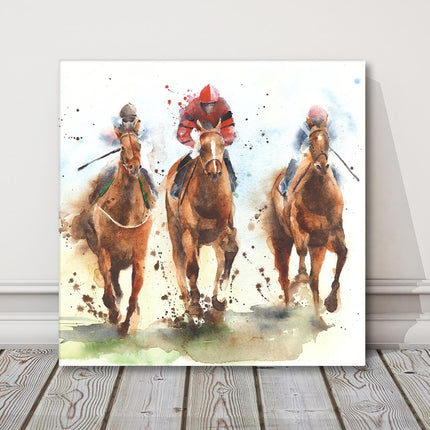 Watercolour painting of Race Horses and Jockeys in motion. Wall art square
