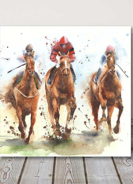 Watercolour painting of Race Horses and Jockeys in motion. Wall art square