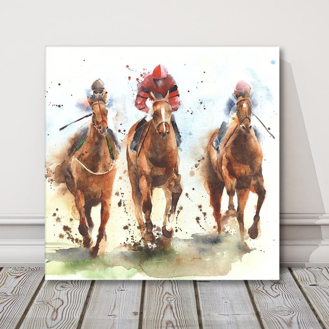 Watercolour painting of Race Horses and Jockeys in motion. Wall art square