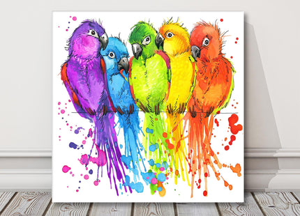 Parrots, watercolour splash effect, canvas picture print, white background.