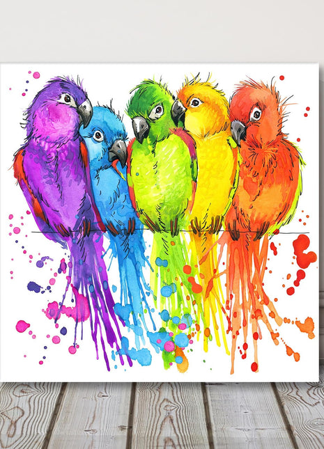 Parrots, watercolour splash effect, canvas picture print, white background.