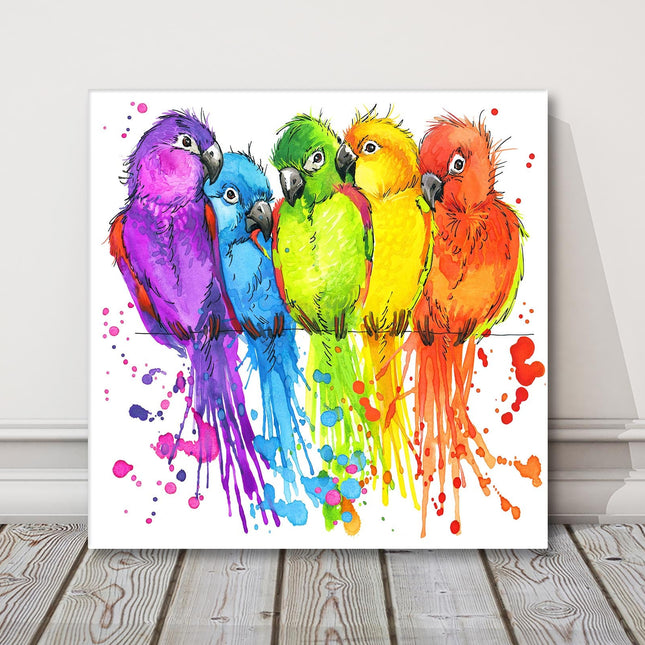 Parrots, watercolour splash effect, canvas picture print, white background.