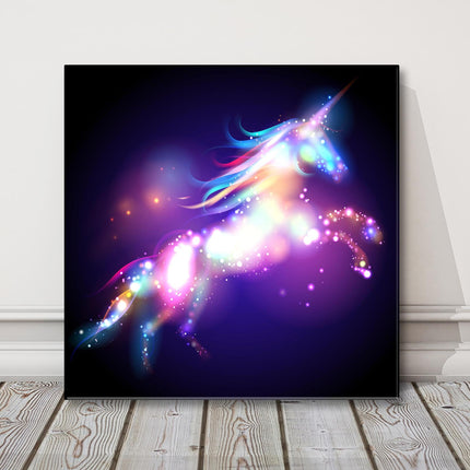 Unicorn silhouette star magic icon. Black background Wall Art. Fantasy theme