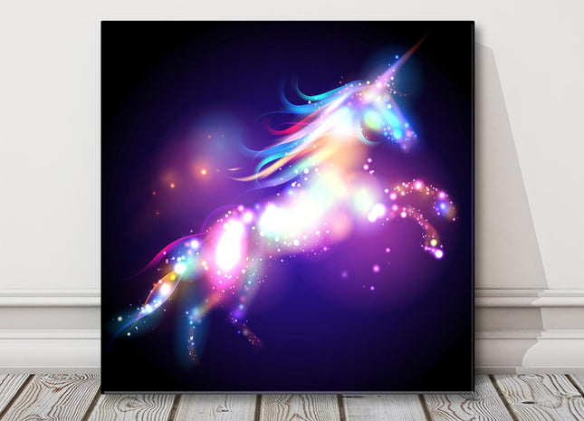 Unicorn silhouette star magic icon. Black background Wall Art. Fantasy theme