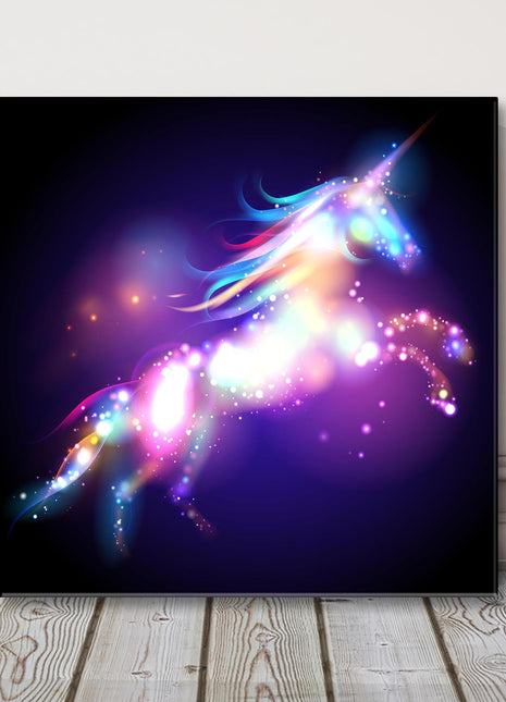 Unicorn silhouette star magic icon. Black background Wall Art. Fantasy theme