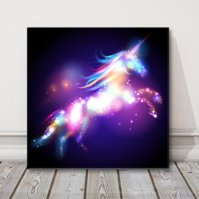 Unicorn silhouette star magic icon. Black background Wall Art. Fantasy theme