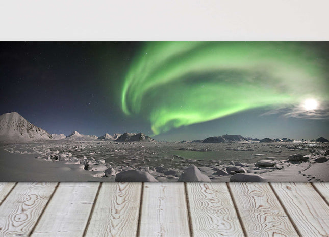 Northern lights over the frozen fjord,. panoramic canvas picture print