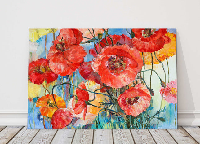 Red and pink poppies oil painting art , yellow and blue canvas picture print