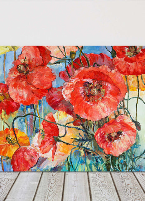 Red and pink poppies oil painting art , yellow and blue canvas picture print