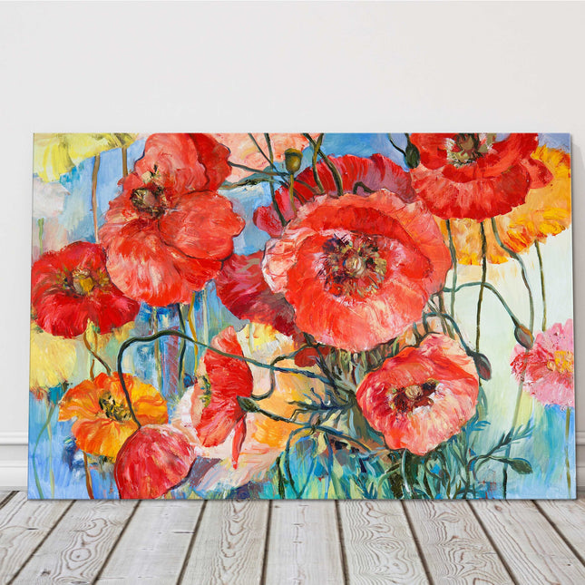 Red and pink poppies oil painting art , yellow and blue canvas picture print