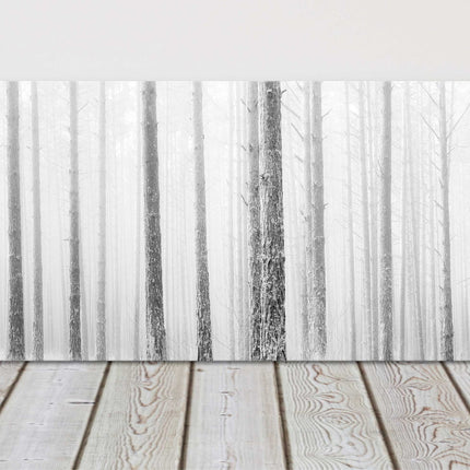Pine trees in winter fog. Panoramic canvas picture print. Black and white.