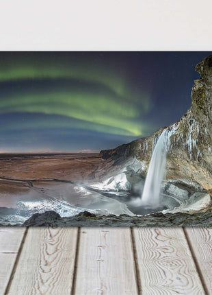 Northern lights Waterfall, Iceland. Panoramic canvas picture print