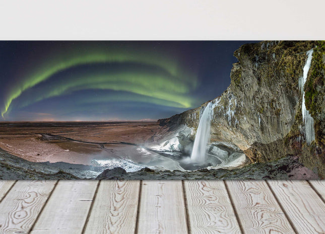 Northern lights Waterfall, Iceland. Panoramic canvas picture print