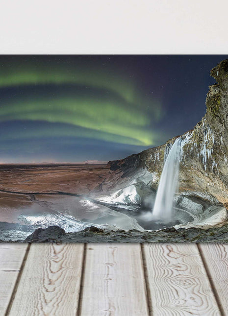 Northern lights Waterfall, Iceland. Panoramic canvas picture print