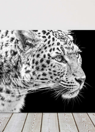Leopard portait style, printed in black and white. Canvas picture print.