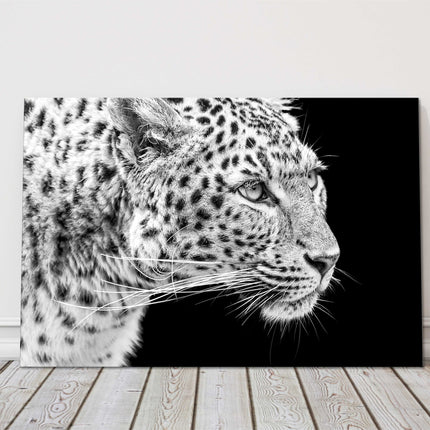 Leopard portait style, printed in black and white. Canvas picture print.