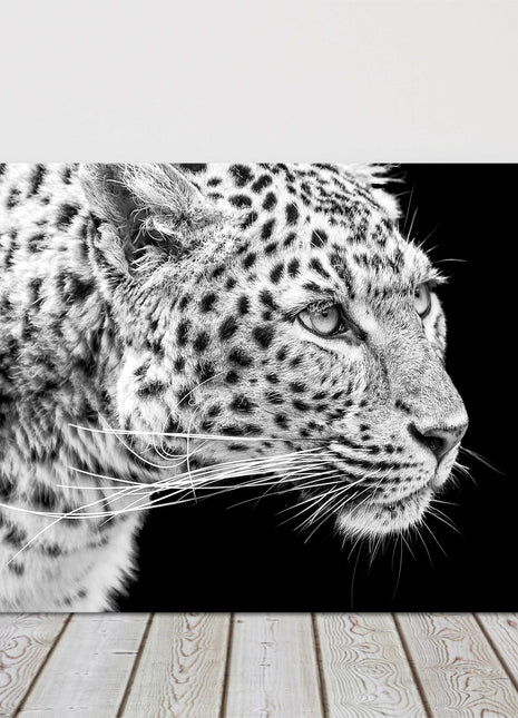Leopard portait style, printed in black and white. Canvas picture print.