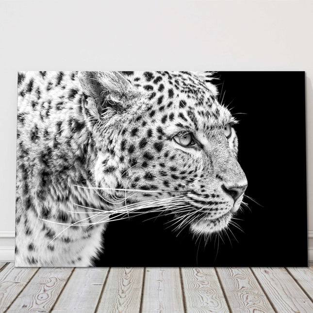 Leopard portait style, printed in black and white. Canvas picture print.