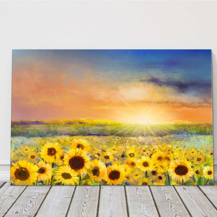 Sunflower field at sunset painting. Printed and framed as a Canvas picture print