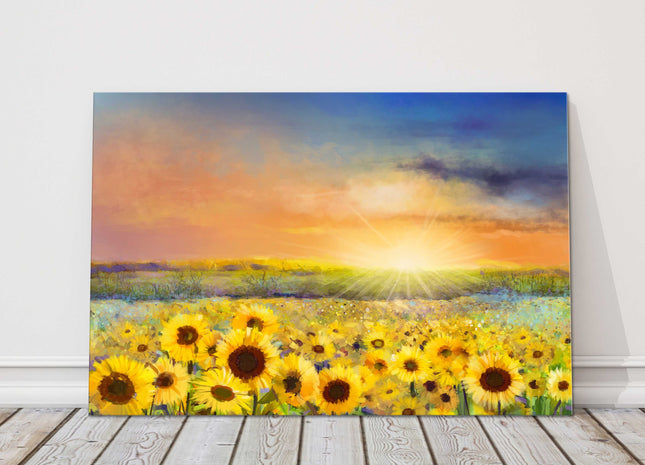 Sunflower field at sunset painting. Printed and framed as a Canvas picture print