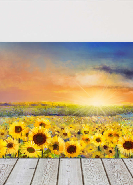 Sunflower field at sunset painting. Printed and framed as a Canvas picture print