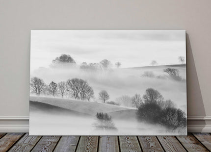 misty fields and trees black and white landscape canvas picture print
