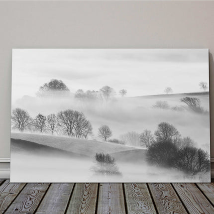 misty fields and trees black and white landscape canvas picture print