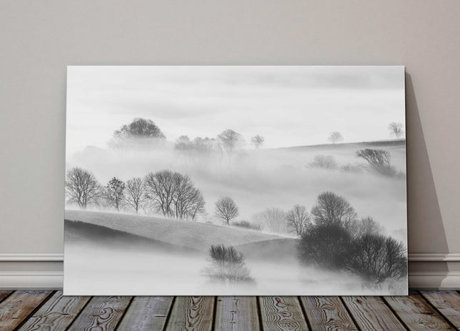 misty fields and trees black and white landscape canvas picture print
