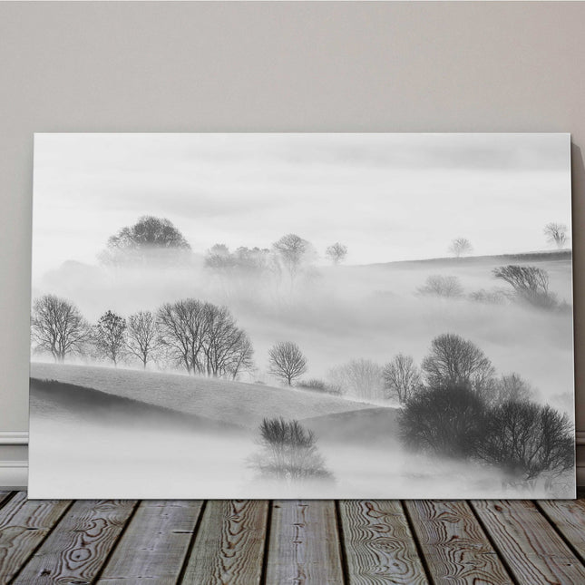misty fields and trees black and white landscape canvas picture print