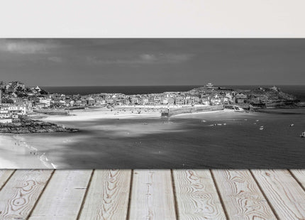 St Ives harbour, panoramic canvas picture print. Cornwall black and white bw