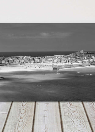 St Ives harbour, panoramic canvas picture print. Cornwall black and white bw