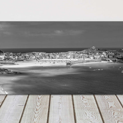 St Ives harbour, panoramic canvas picture print. Cornwall black and white bw