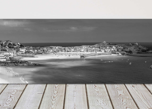 St Ives harbour, panoramic canvas picture print. Cornwall black and white bw