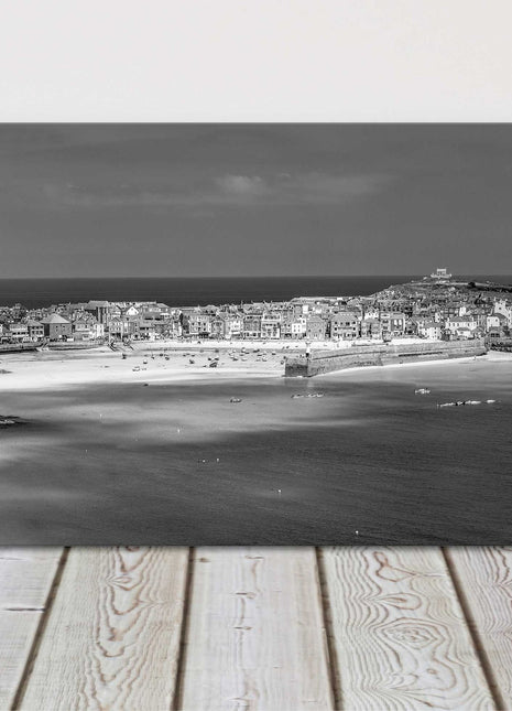 St Ives harbour, panoramic canvas picture print. Cornwall black and white bw