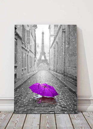 Eiffel Tower, Paris, France Black and white purple umbrella. Modern canvas print