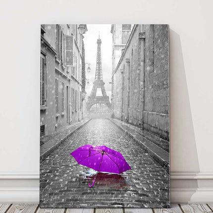 Eiffel Tower, Paris, France Black and white purple umbrella. Modern canvas print