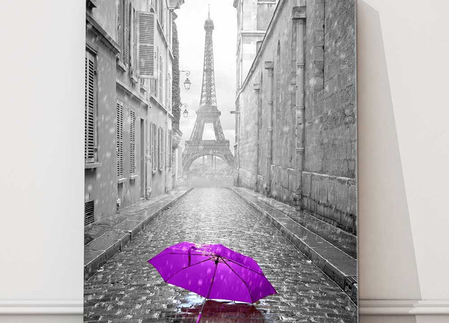 Eiffel Tower, Paris, France Black and white purple umbrella. Modern canvas print