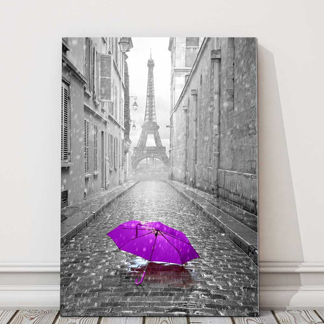 Eiffel Tower, Paris, France Black and white purple umbrella. Modern canvas print