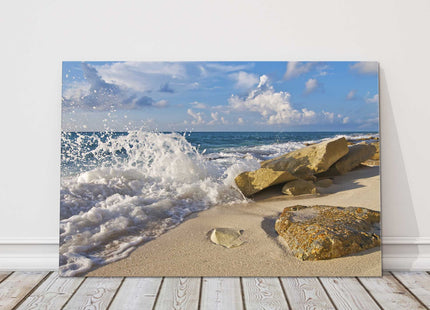 Crashing waves on the rocks, bright sunny day canvas picture print.