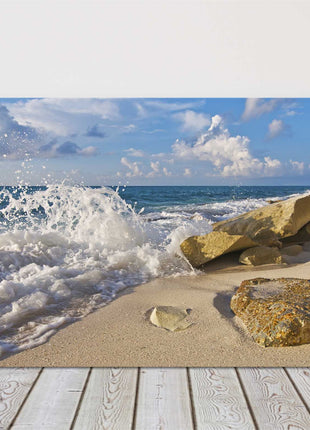 Crashing waves on the rocks, bright sunny day canvas picture print.