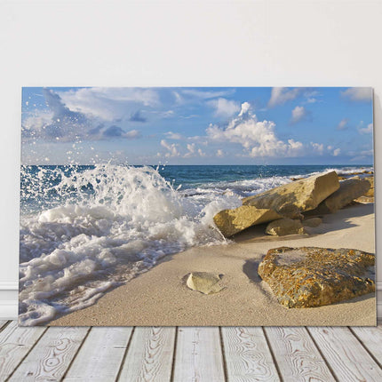 Crashing waves on the rocks, bright sunny day canvas picture print.