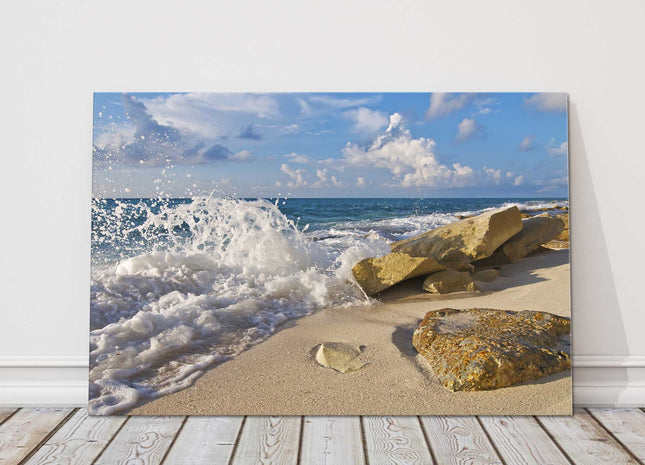Crashing waves on the rocks, bright sunny day canvas picture print.