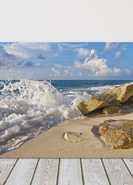 Crashing waves on the rocks, bright sunny day canvas picture print.