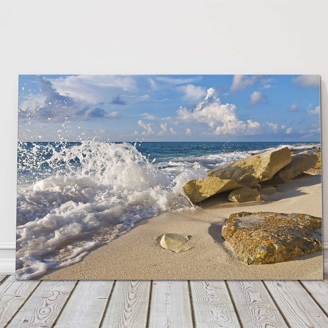 Crashing waves on the rocks, bright sunny day canvas picture print.
