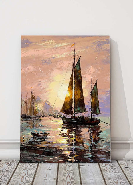 Sailing boats in the sunset. Watercolour painting canvas picture print