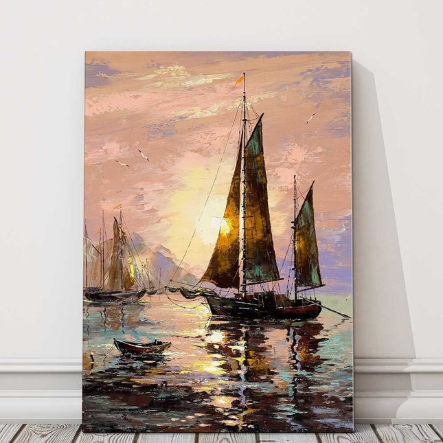 Sailing boats in the sunset. Watercolour painting canvas picture print