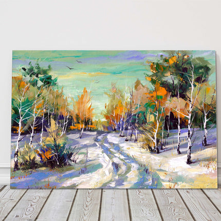Canvas picture Winter scene oil painting. Printed and framed as a canvas print