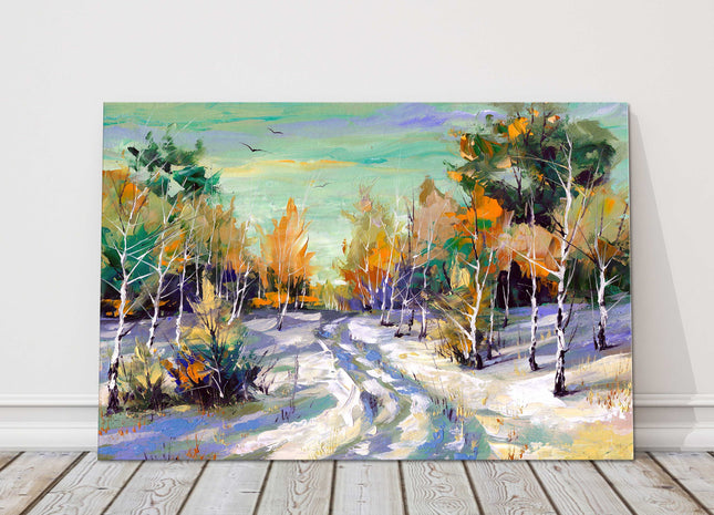 Canvas picture Winter scene oil painting. Printed and framed as a canvas print