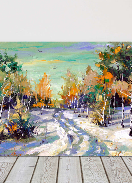 Canvas picture Winter scene oil painting. Printed and framed as a canvas print