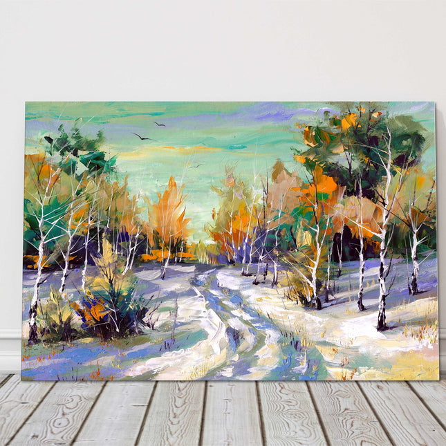 Canvas picture Winter scene oil painting. Printed and framed as a canvas print